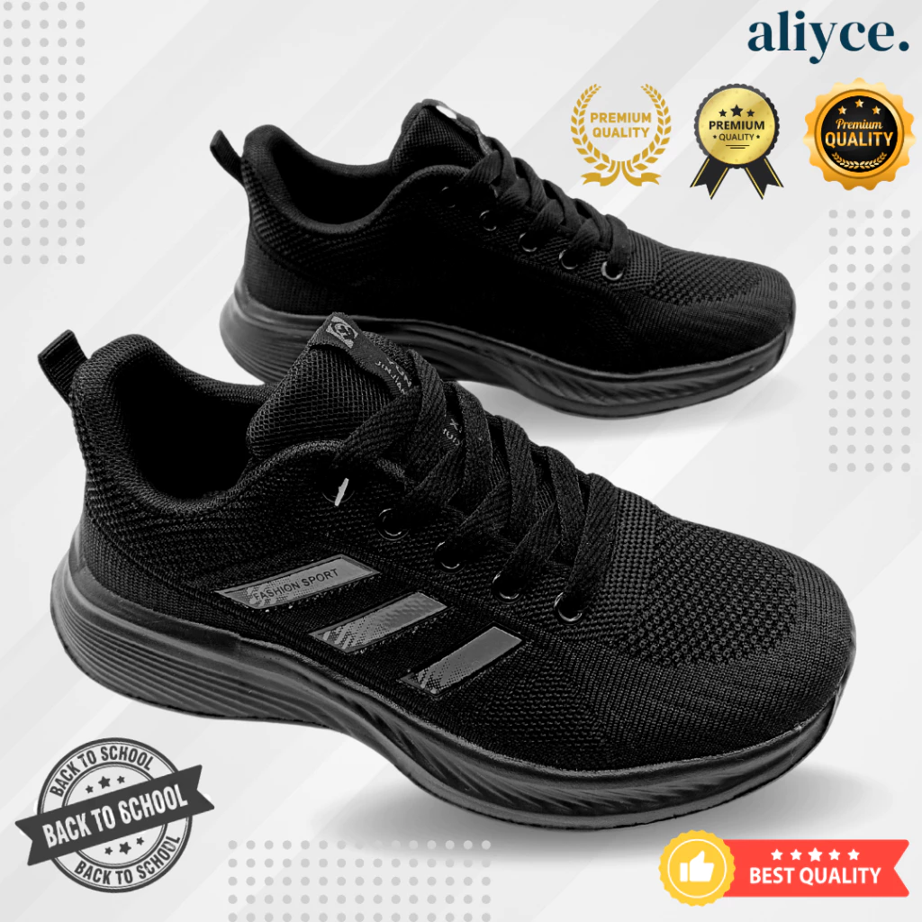 Sepatu Sneakers Anak Sekolah SD SMP SMA Ringan Full Black Sol Kuat
